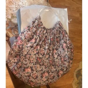 Vintage Folding Tote Or Project Bag Clear Lucite Handles Paisley Print Large